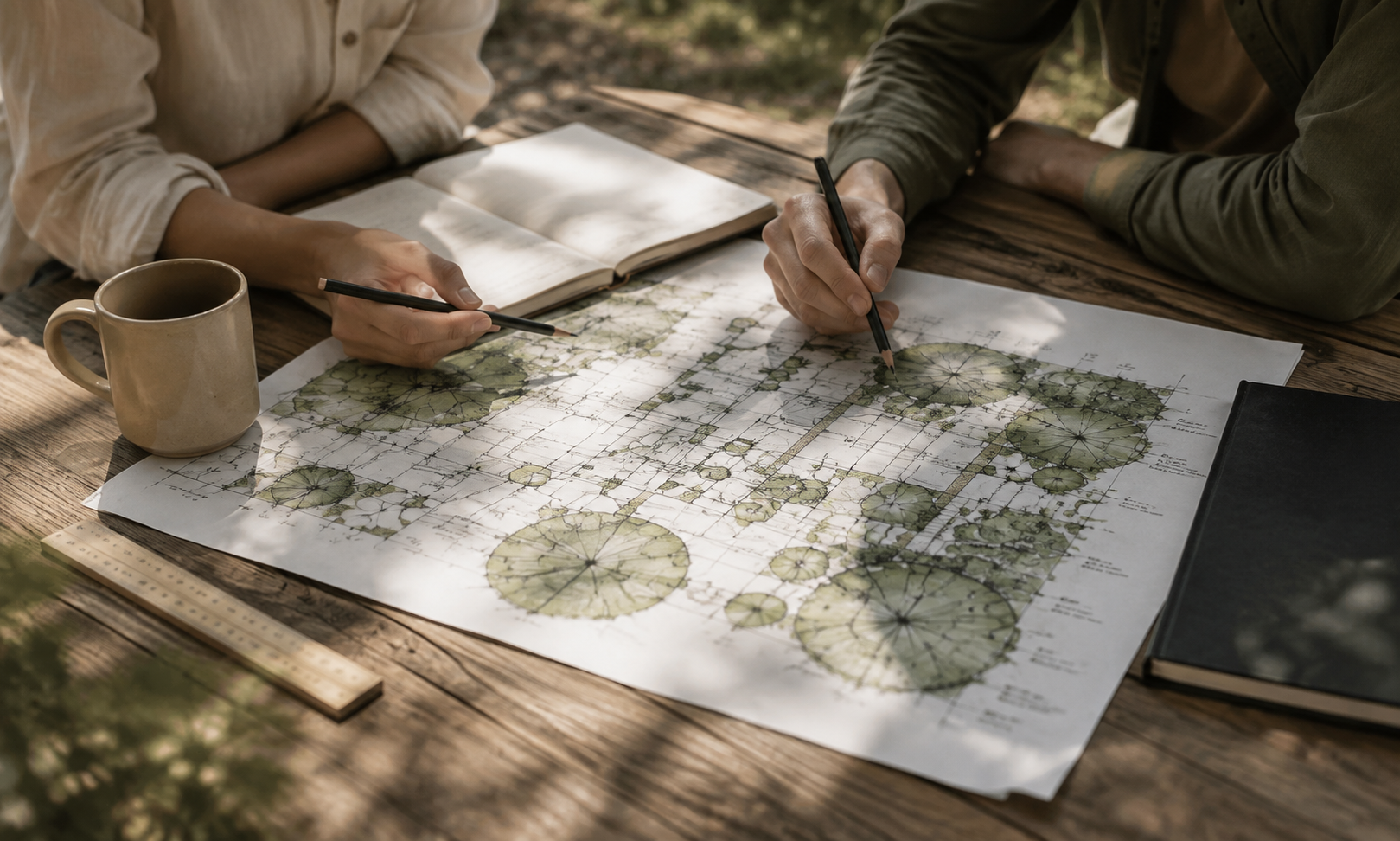 Deux personnes étudient un plan paysager pour concevoir un jardin